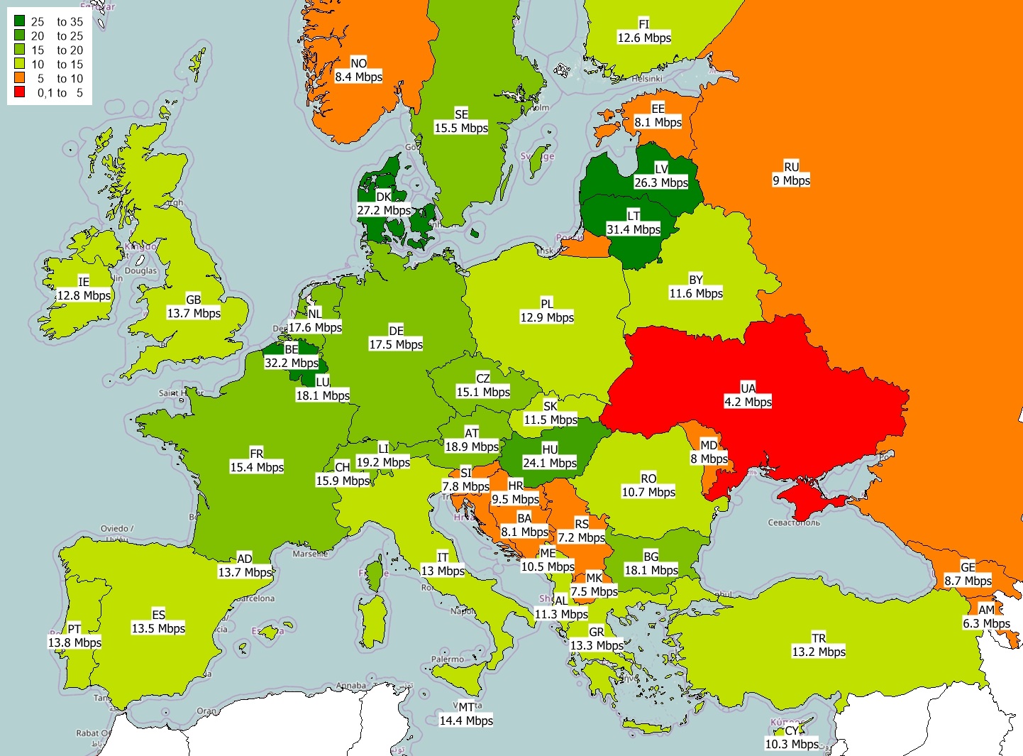 Europe mobile Internet 2016 - Downlink