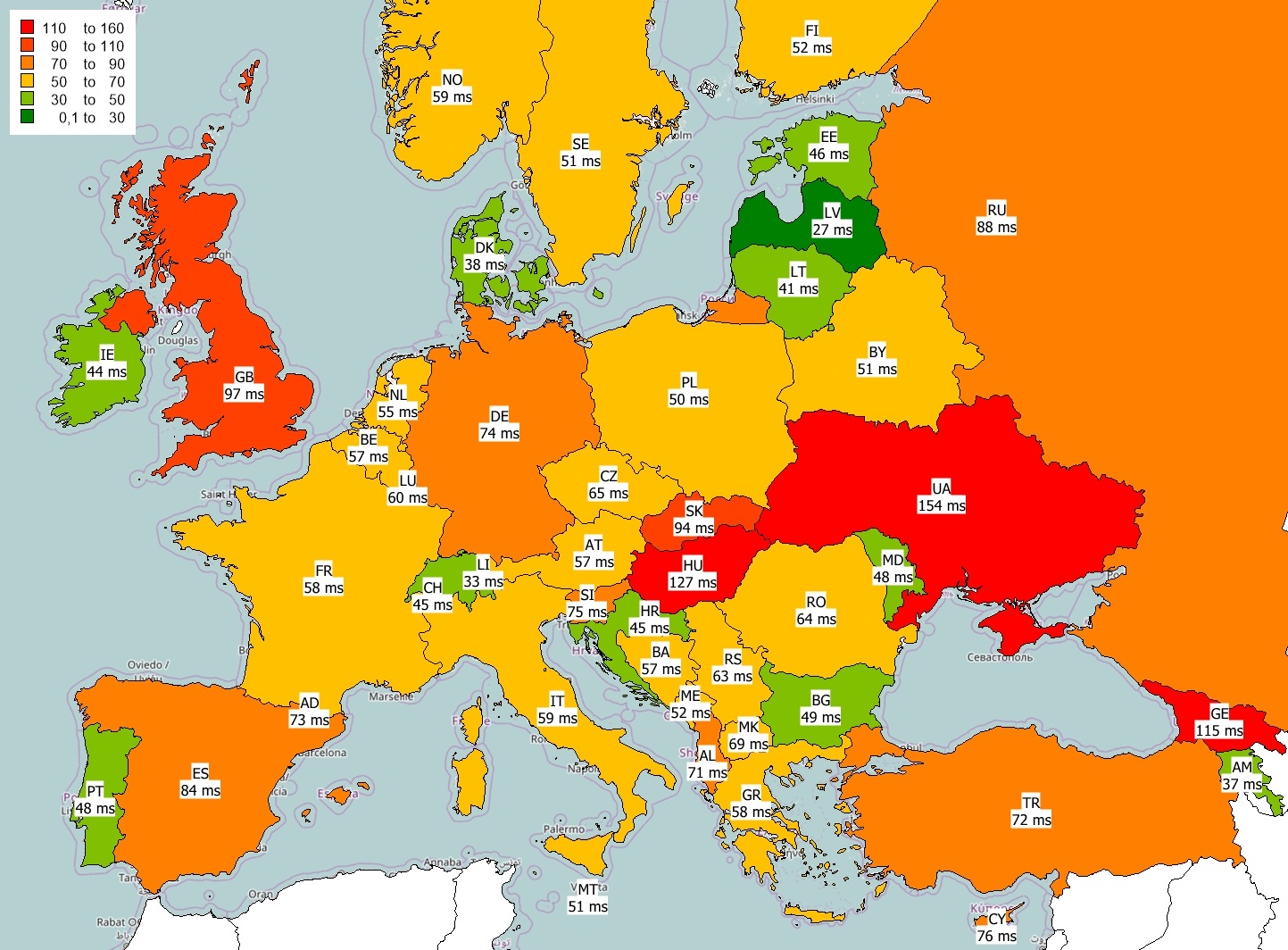 Europe mobile Internet 2016 - Ping