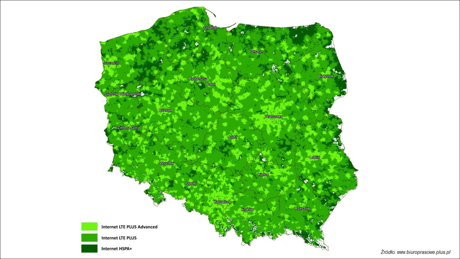 Zasięg Internetu LTE PLUS Advanced, LTE PLUS oraz HSPA+ Grupy Cyfrowy Polsat