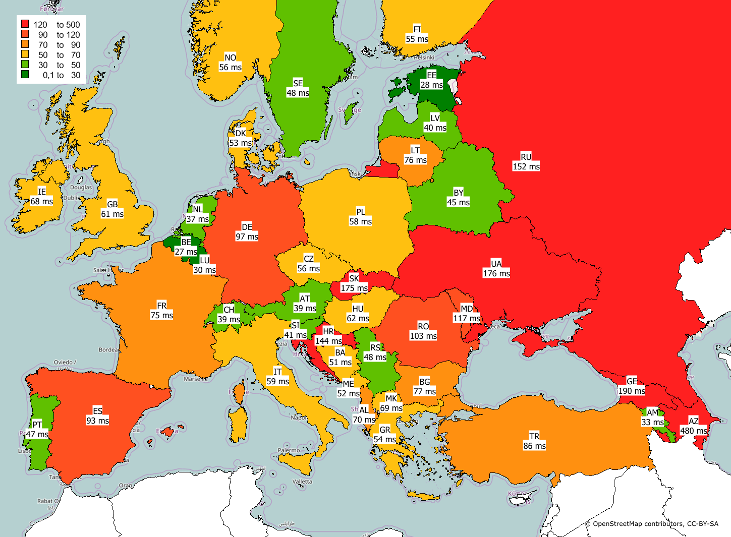 Интернет в Европе, Q1 2017 -пинг