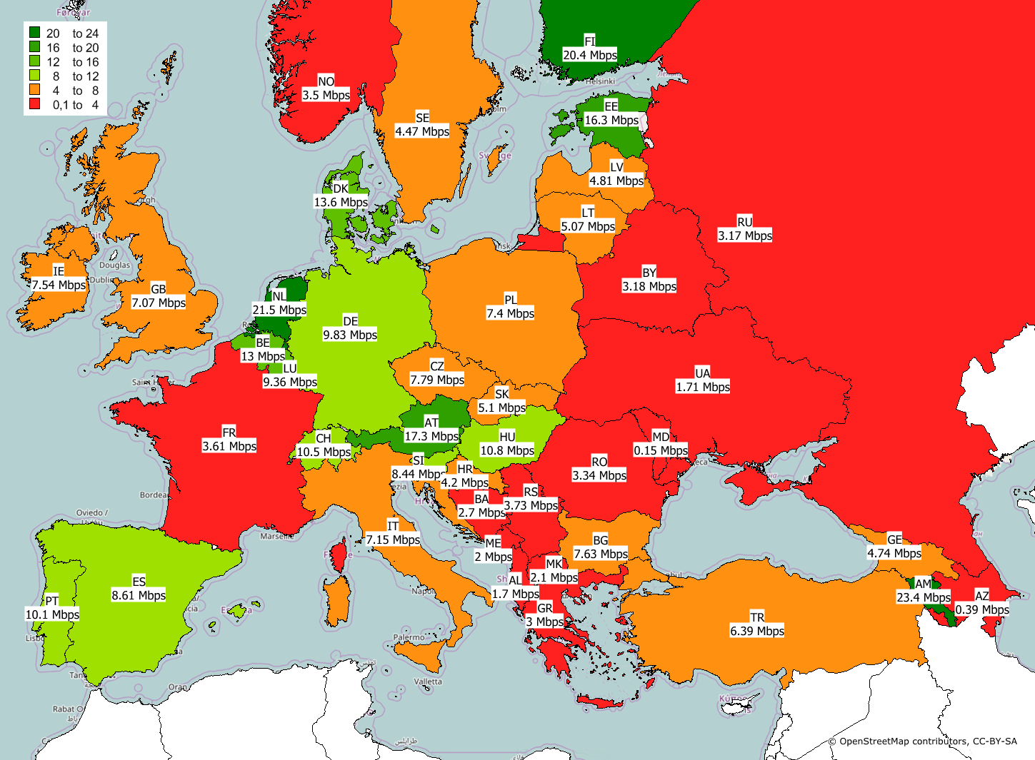 Интернет в Европе, Q1 2017 - Скорость входящего трафика